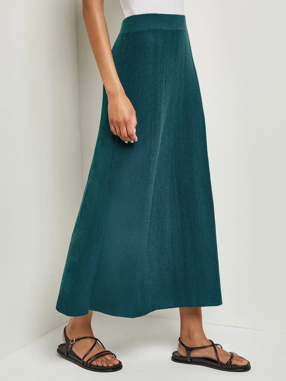 A-Line Textural Stripe Cashmere Midi Skirt, Marine Teal