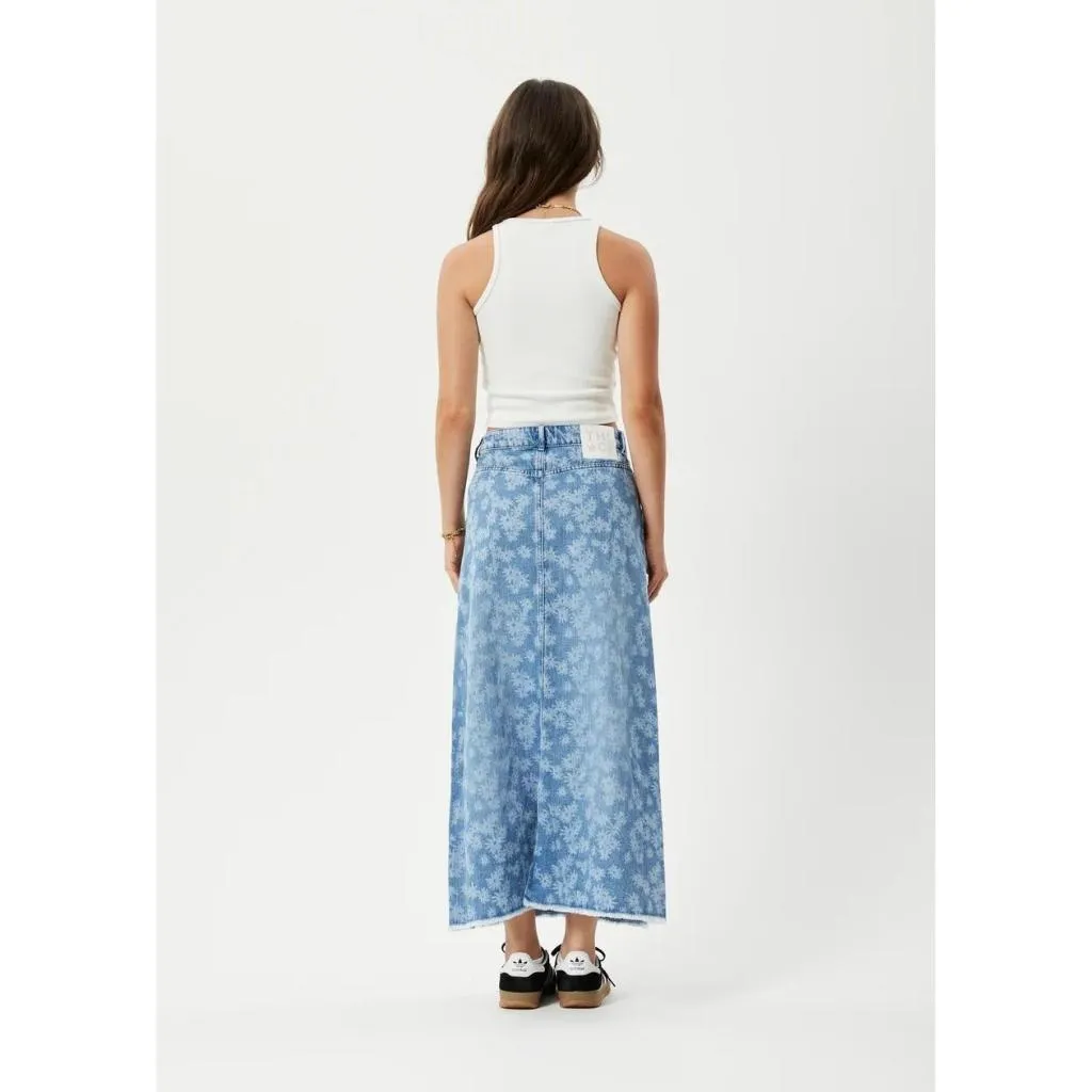 Afends Fink Chichi Hemp Denim Midi Skirt - Worn Blue Daisy