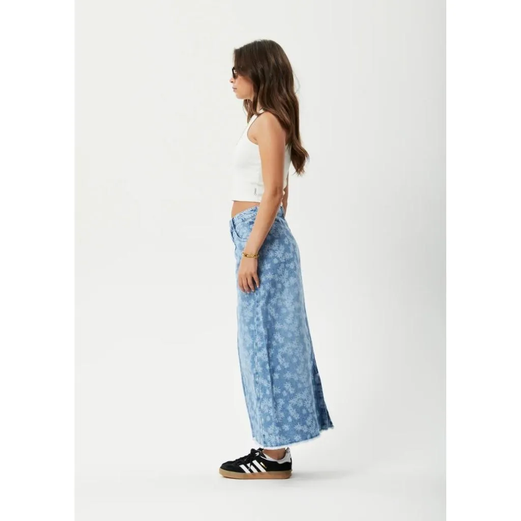 Afends Fink Chichi Hemp Denim Midi Skirt - Worn Blue Daisy