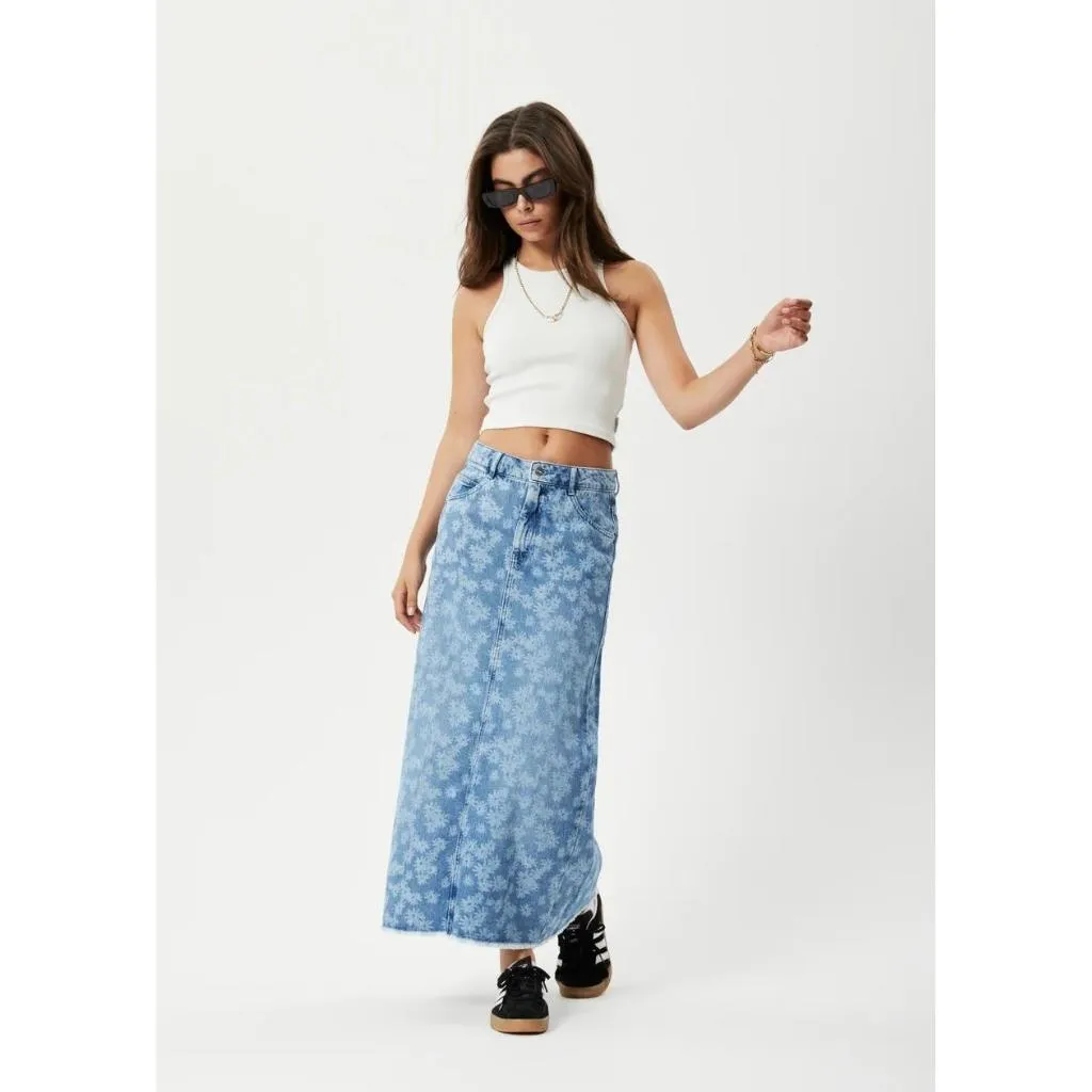 Afends Fink Chichi Hemp Denim Midi Skirt - Worn Blue Daisy