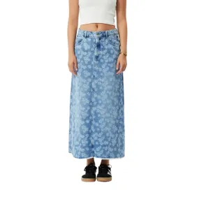 Afends Fink Chichi Hemp Denim Midi Skirt - Worn Blue Daisy