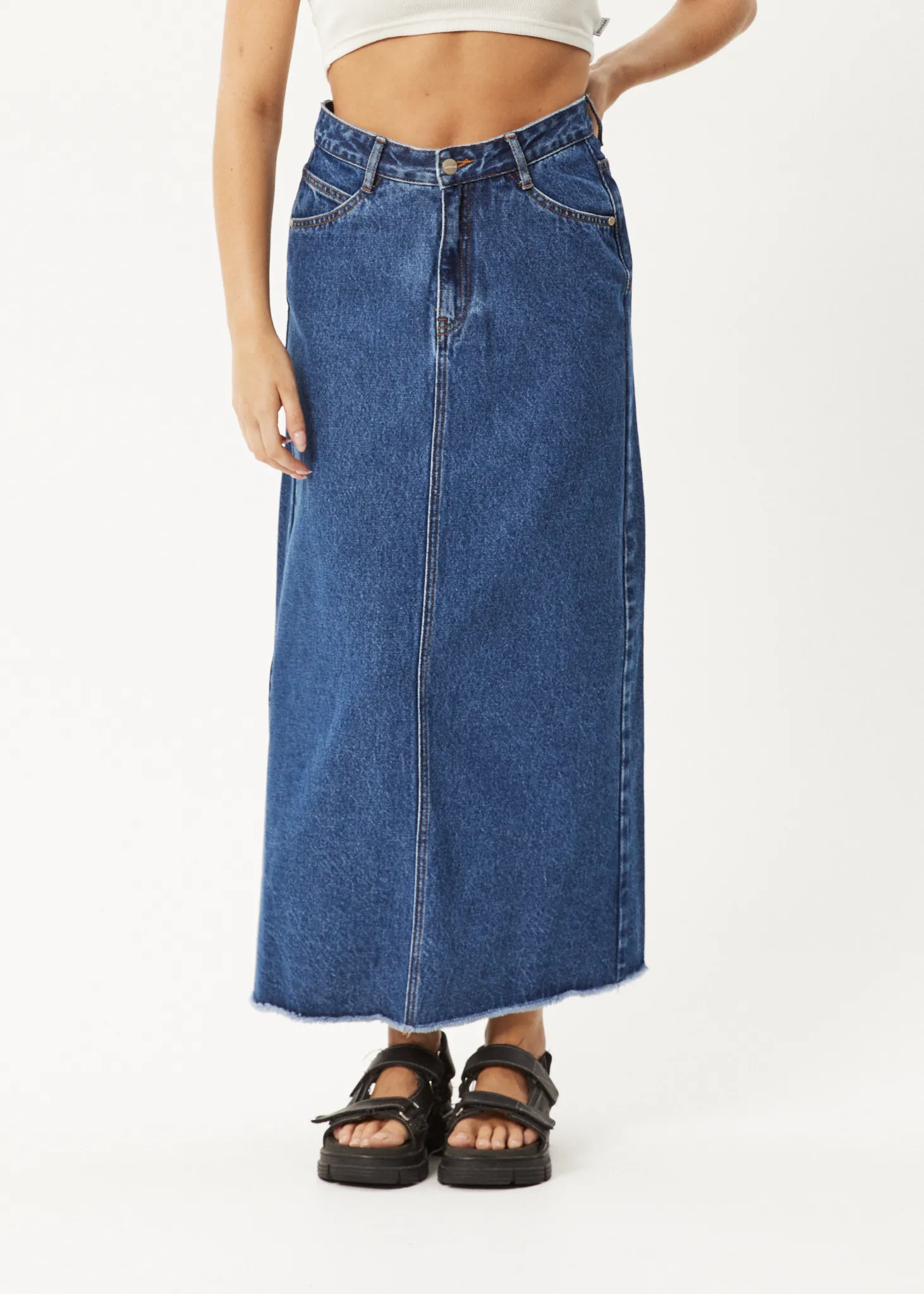 AFENDS Womens Chichi - Denim Midi Skirt - Authentic Blue