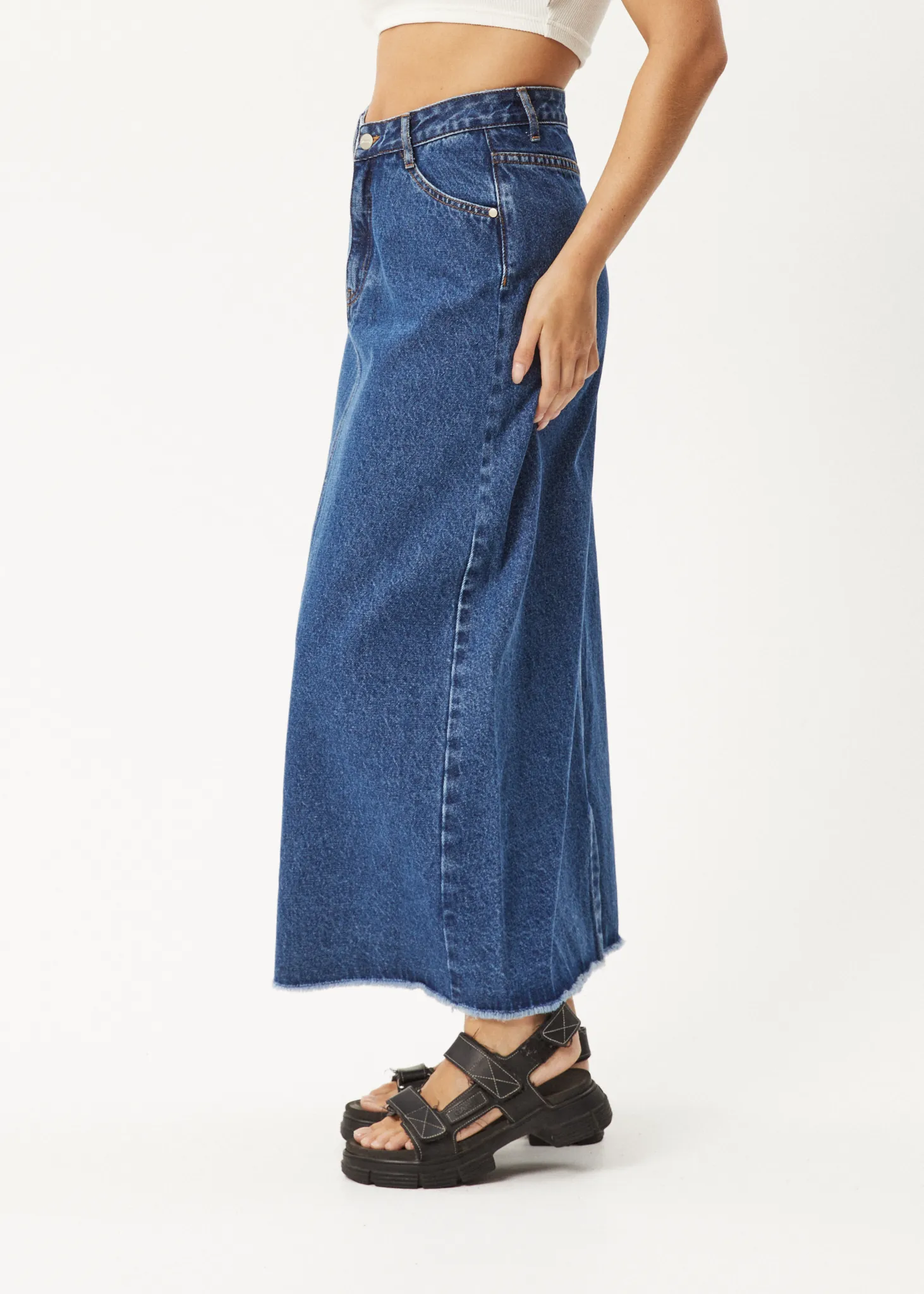 AFENDS Womens Chichi - Denim Midi Skirt - Authentic Blue