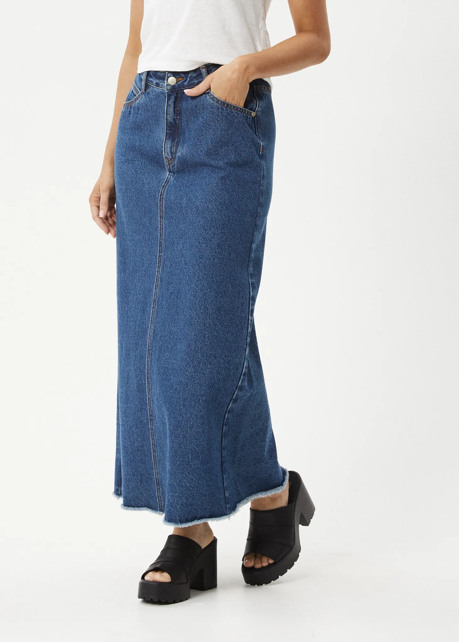 AFENDS Womens Chichi - Denim Midi Skirt - Authentic Blue