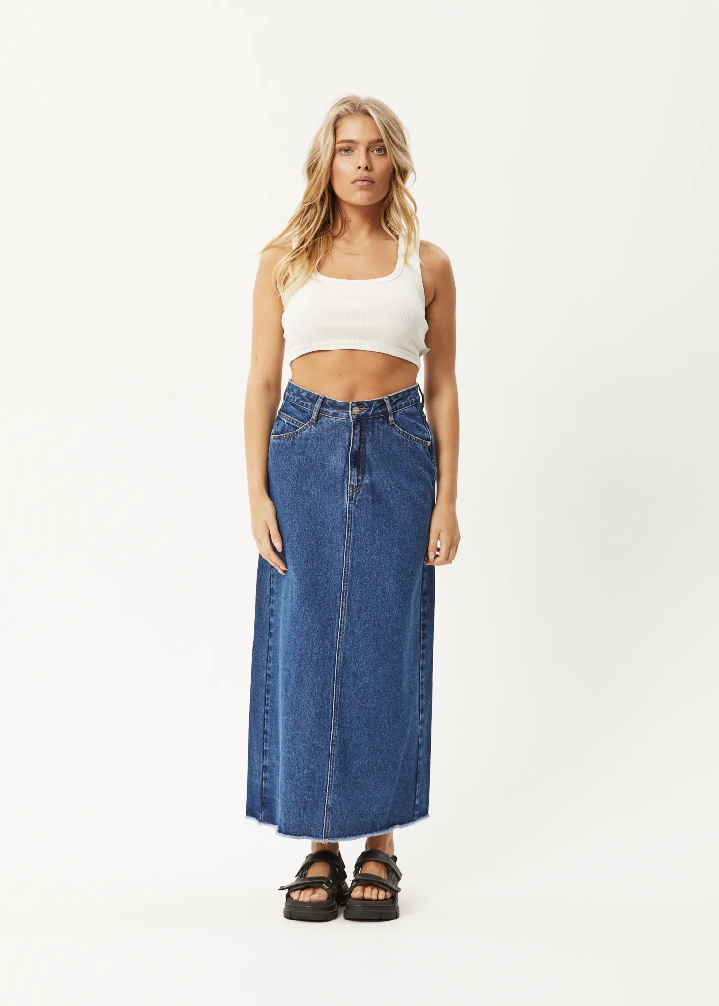 AFENDS Womens Chichi - Denim Midi Skirt - Authentic Blue