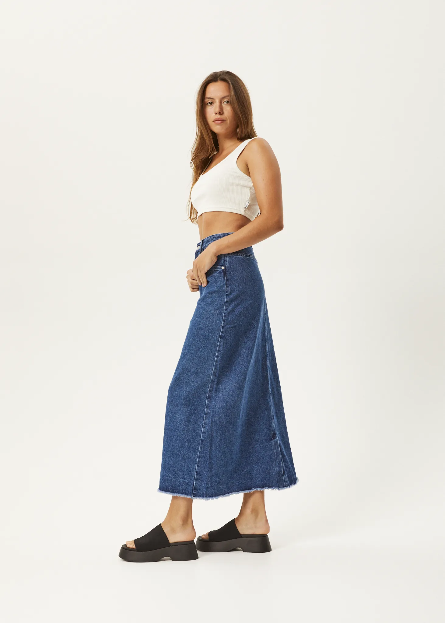 AFENDS Womens Chichi - Denim Midi Skirt - Authentic Blue