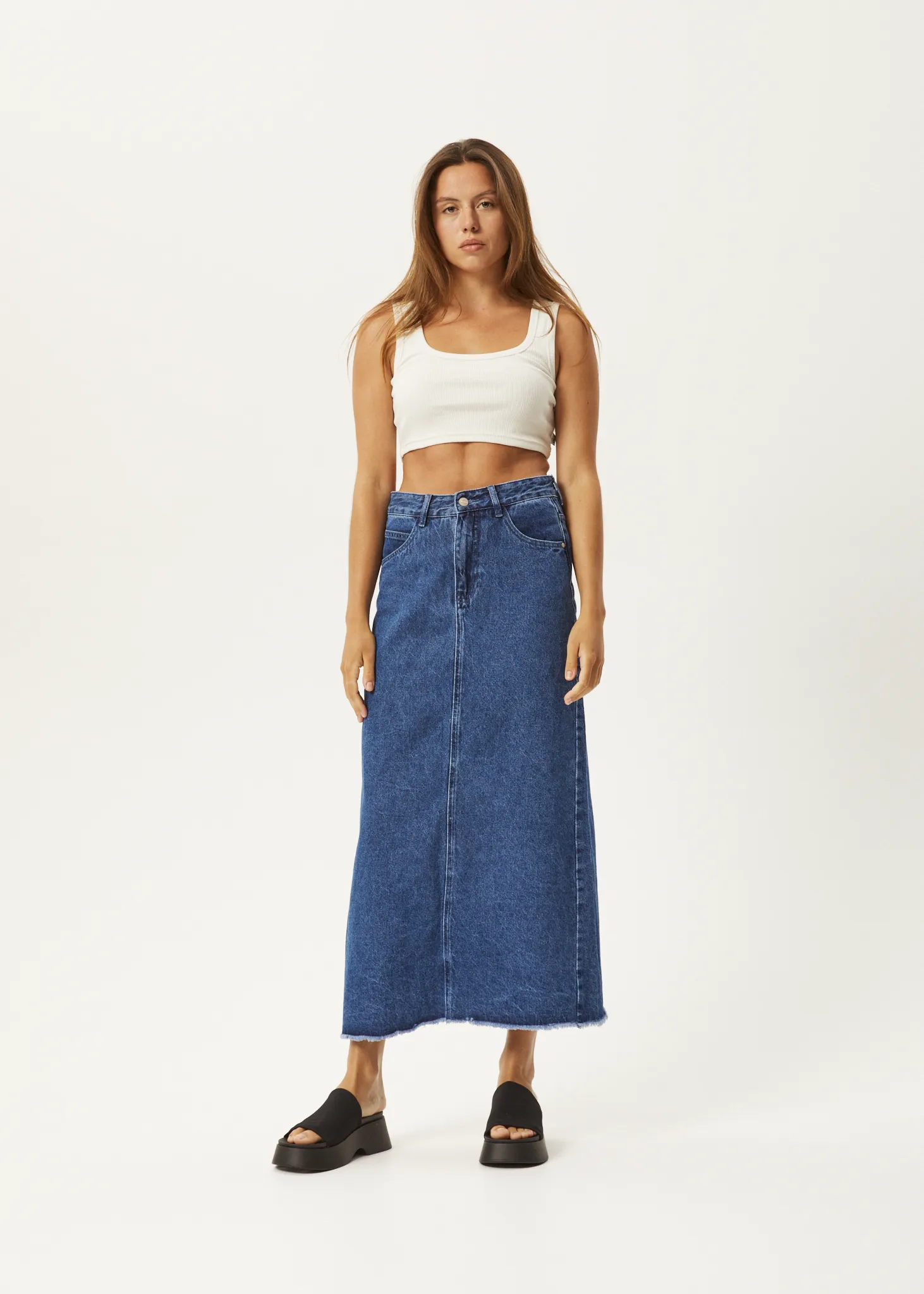 AFENDS Womens Chichi - Denim Midi Skirt - Authentic Blue