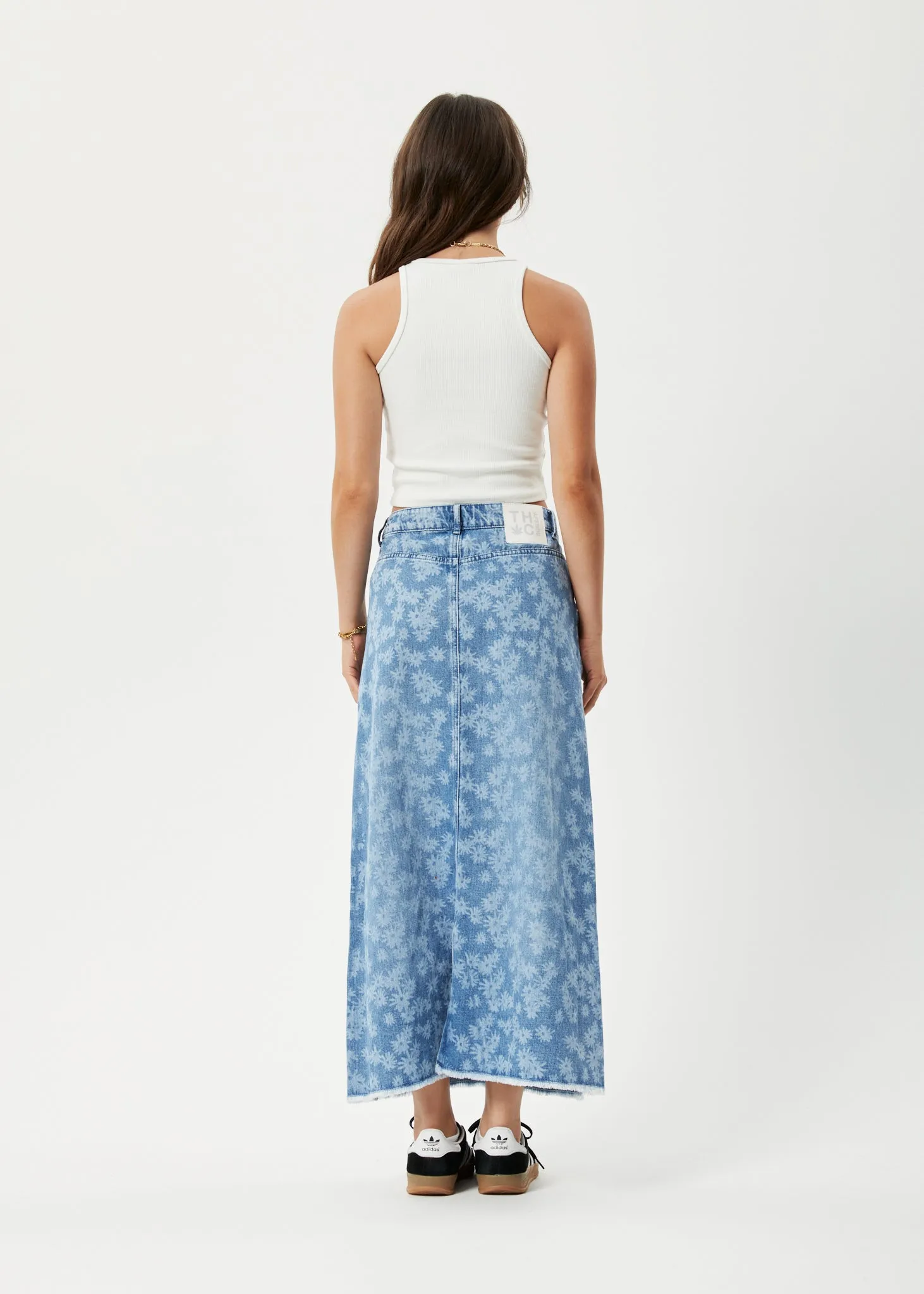 AFENDS Womens Fink Chichi - Denim Midi Skirt - Worn Blue Daisy