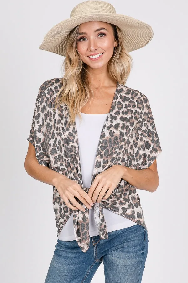 Animal print cardigan top with tie