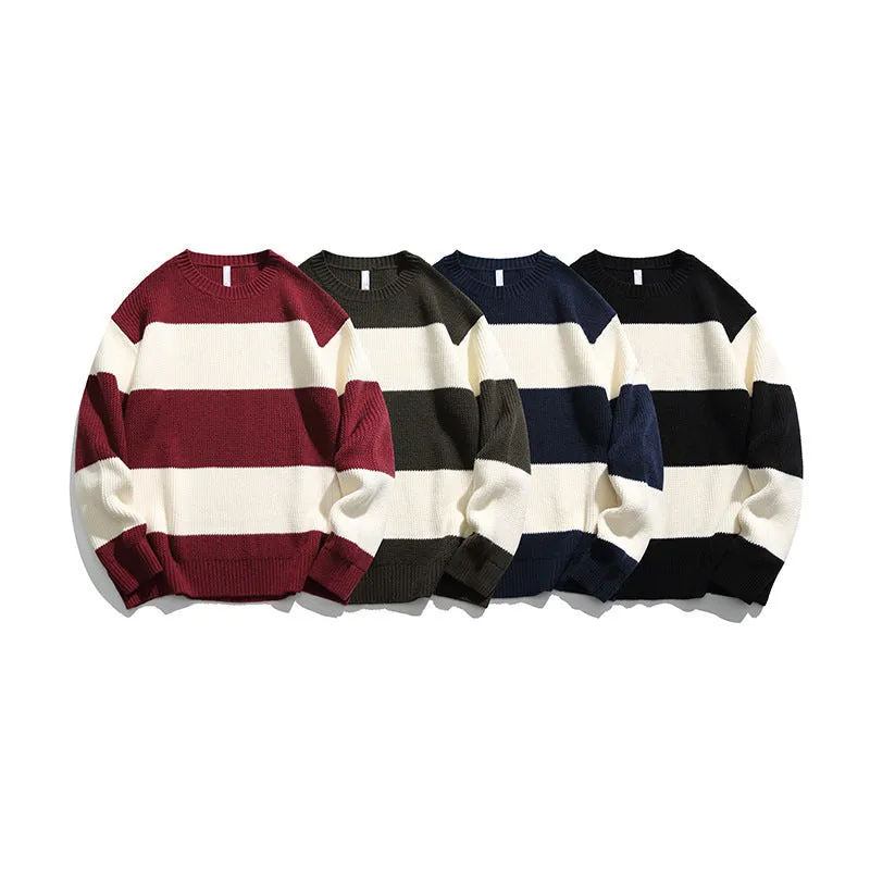 Autumn And Winter Striped Contrast Color Round Neck Sweater Men And Women Loose Leisure All-matching Couple