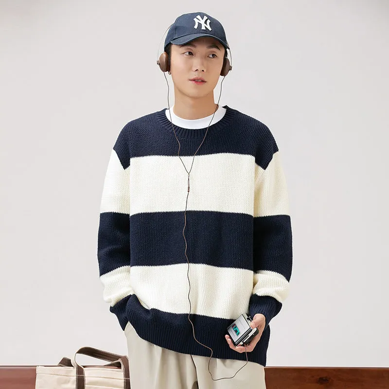 Autumn And Winter Striped Contrast Color Round Neck Sweater Men And Women Loose Leisure All-matching Couple