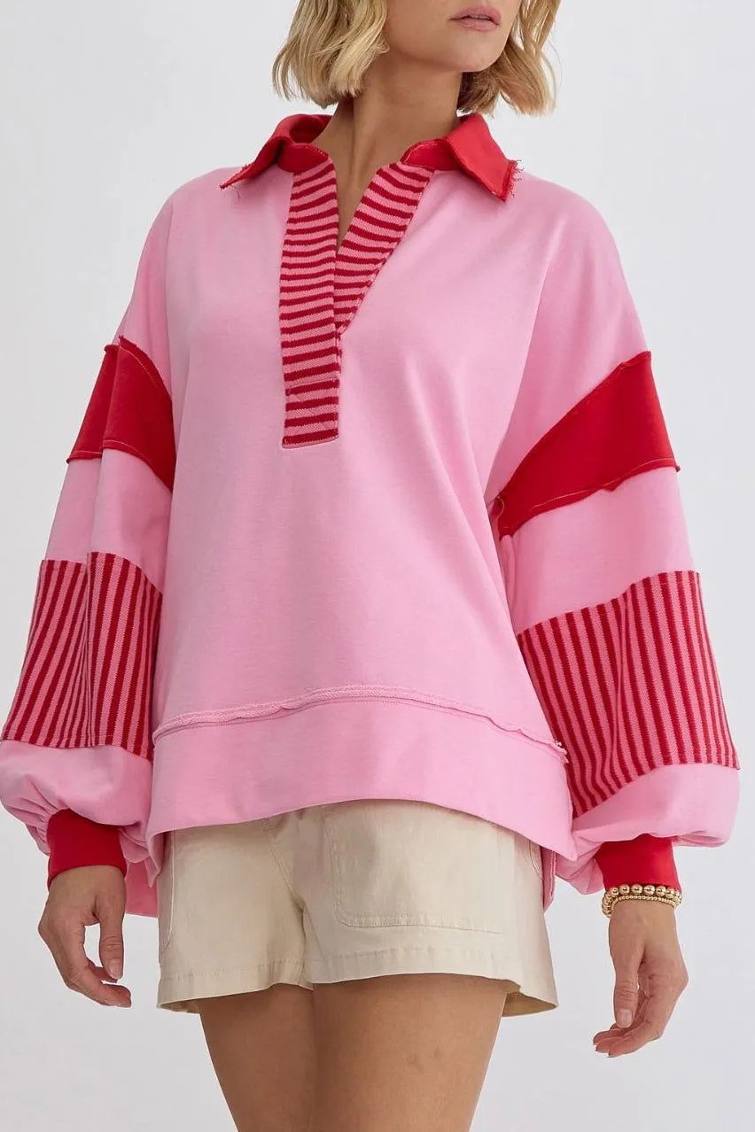 Autumn Sweater Fresh Cotton Oversizedpolo Collar Striped Color Contrast Patchwork Top