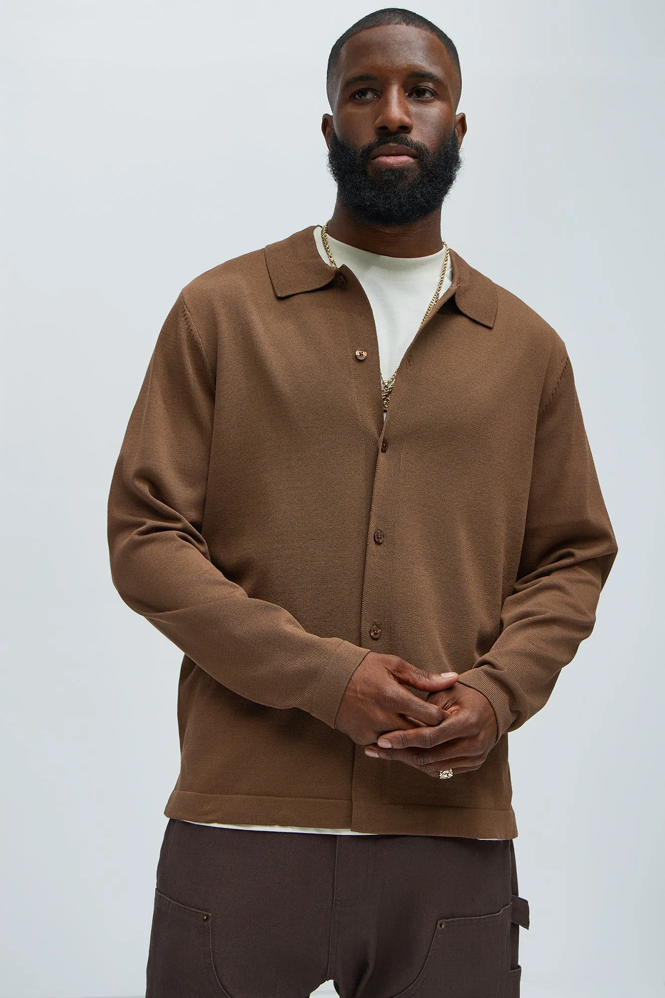 Baker Lightweight Polo Cardigan - Brown