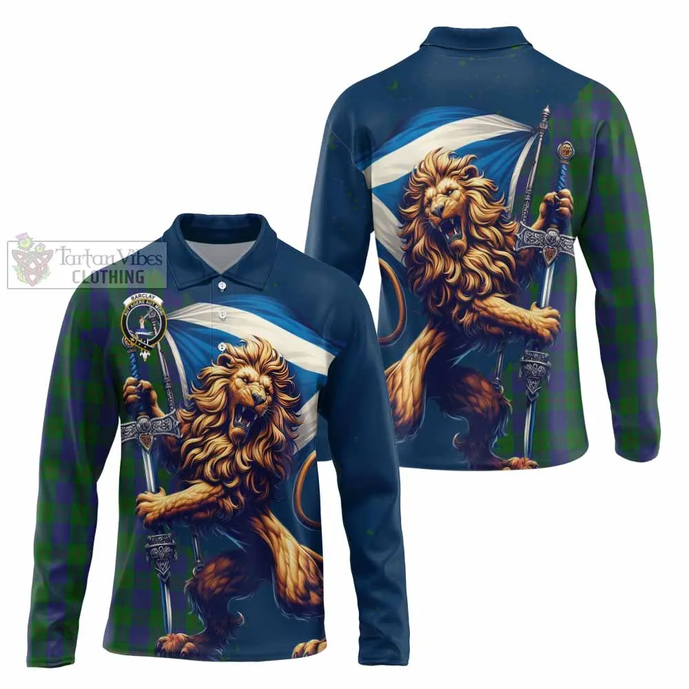 Barclay Tartan Family Crest Long Sleeve Polo Shirt with Scottish Majestic Lion