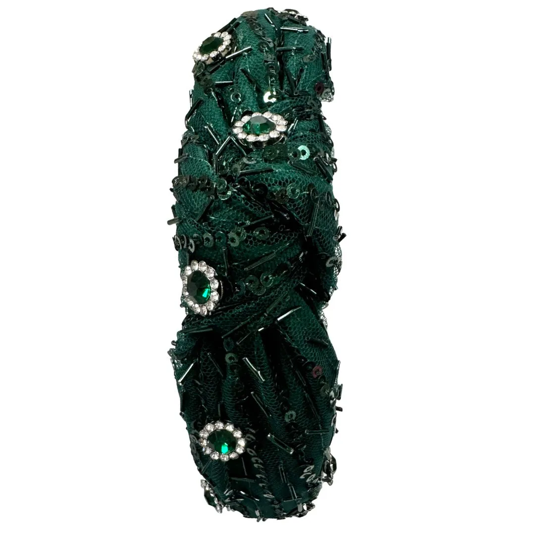 Bari Lynn Jeweled Sprinkle Tulle Knot Headband - Green