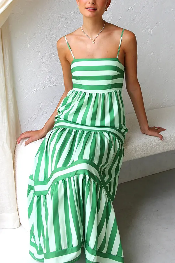 Beachy Dreams Striped Print Back Smocked Pocket A-line Slip Midi Dress