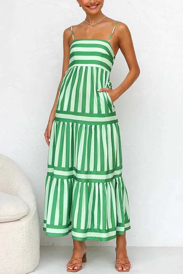 Beachy Dreams Striped Print Back Smocked Pocket A-line Slip Midi Dress