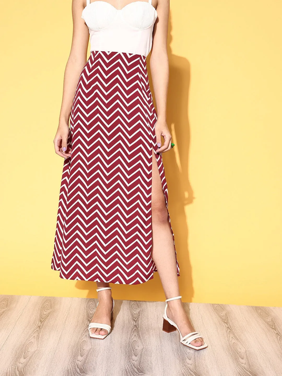 Berrylush Women Maroon & White Chevron Printed Thigh-High Slit Flared A-Line Midi Skirt