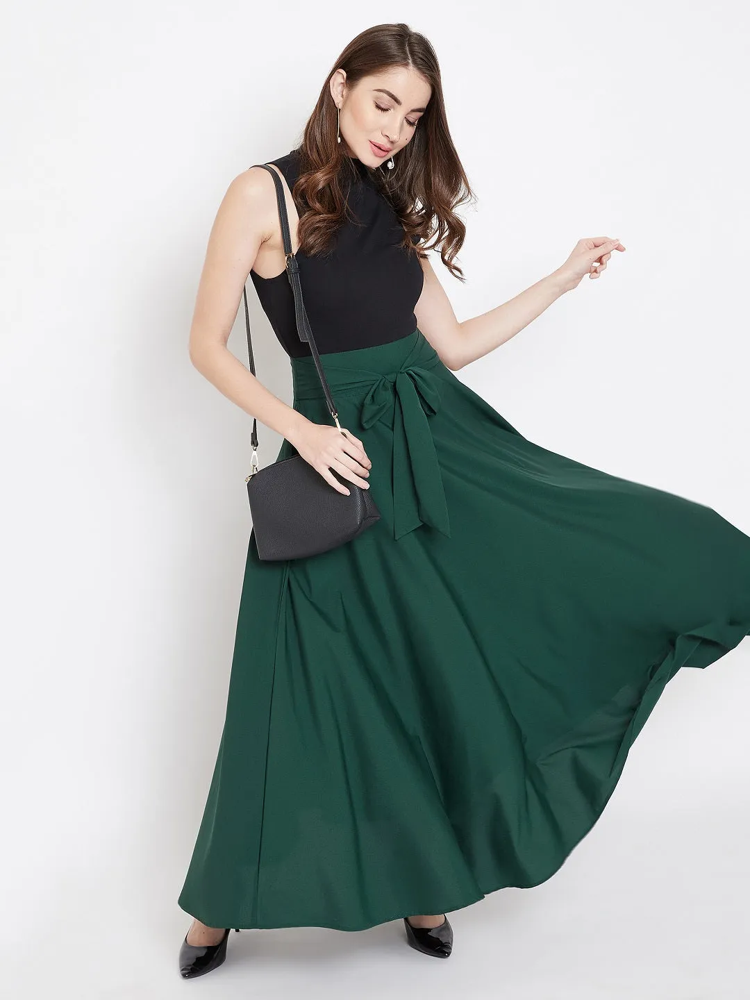 Berrylush Women Solid Green Waist Tie-Up High Waist Flared Maxi Skirt