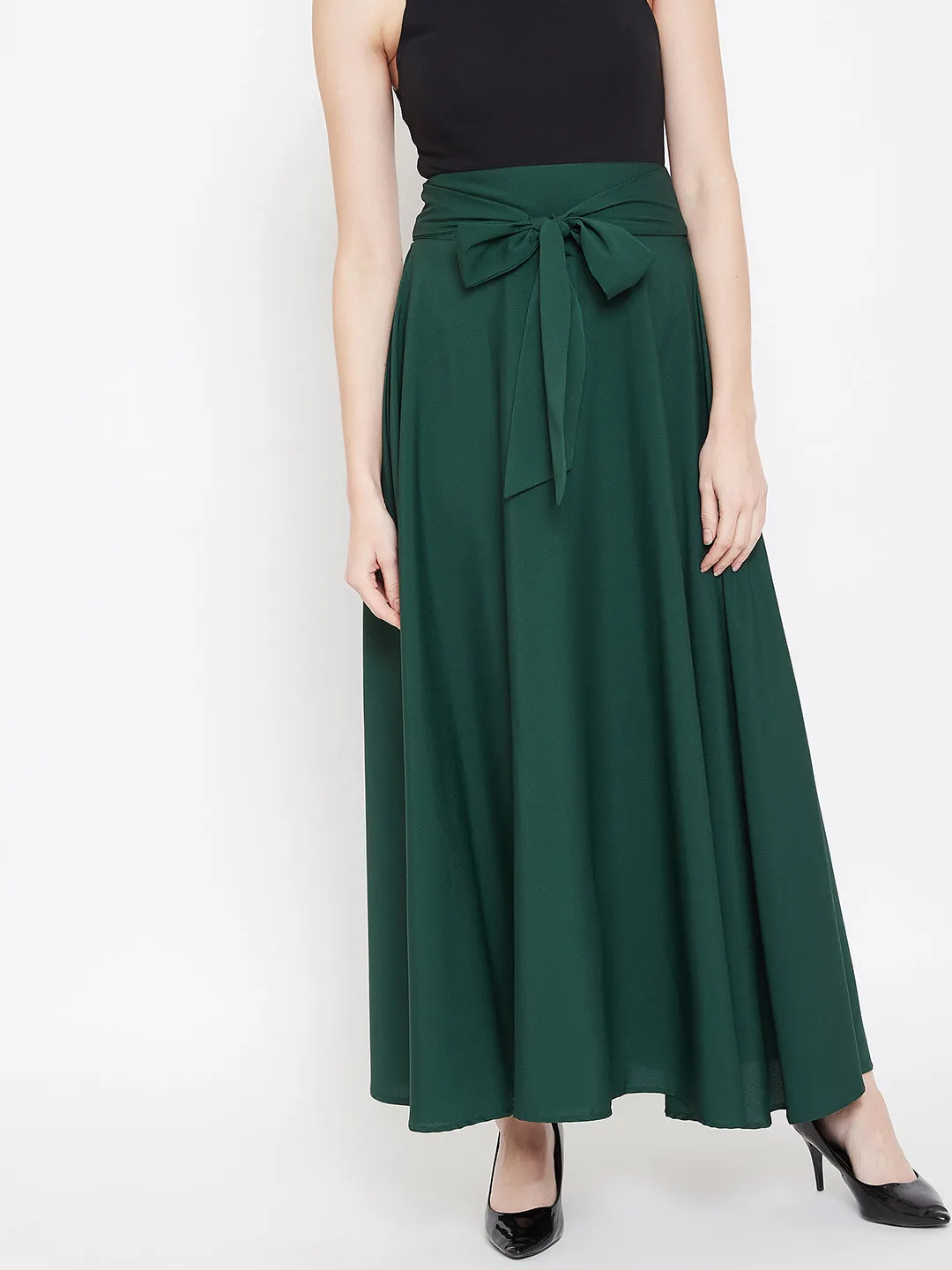 Berrylush Women Solid Green Waist Tie-Up High Waist Flared Maxi Skirt