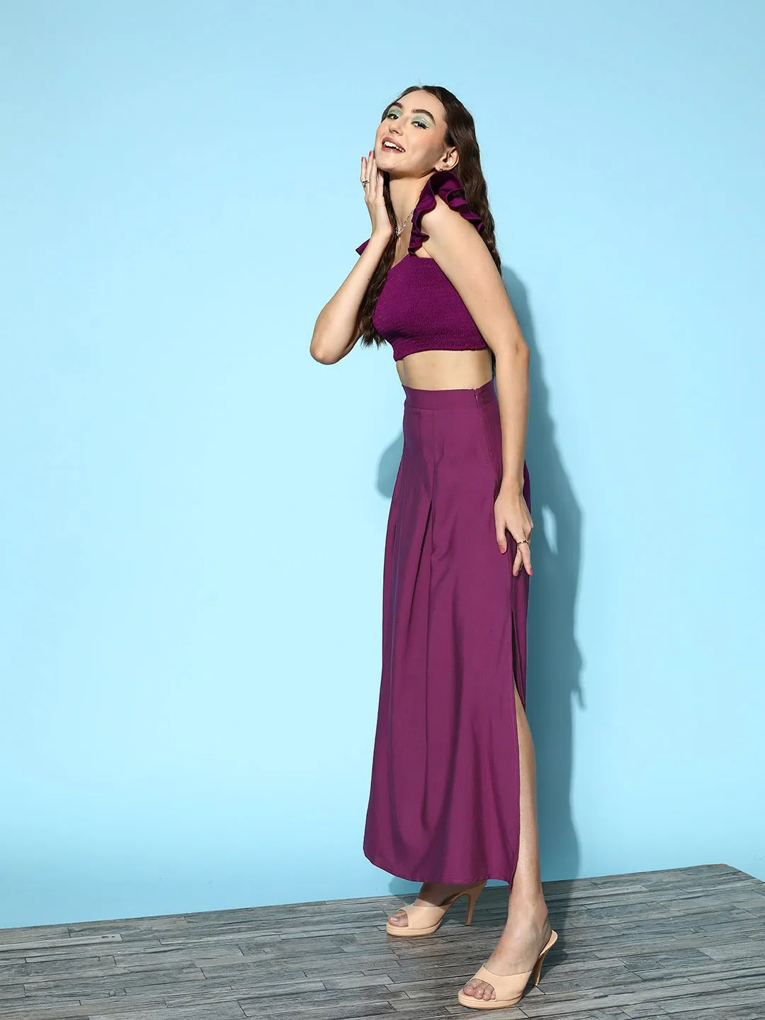 Berrylush Women Solid Purple Square Neck Smocked Crop Top & Maxi Skirt Co-Ord Set