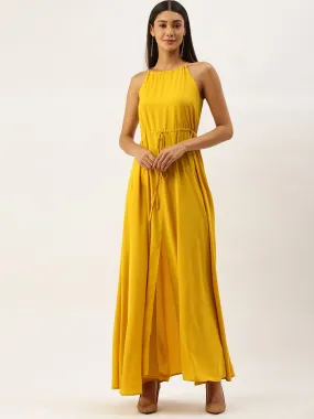 Berrylush Women Solid Yellow Halter Neck Maxi Dress