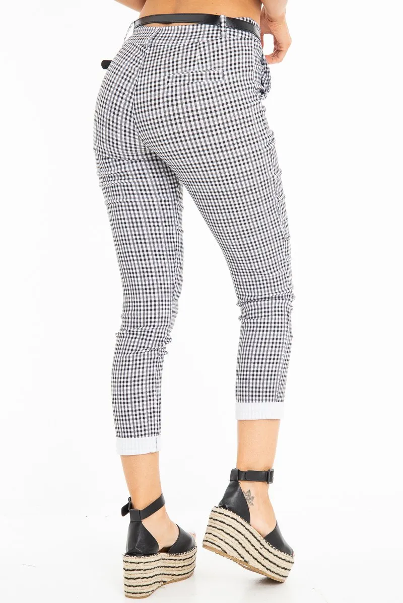 Black and White Check Belted Tapered Trousers - Kierra