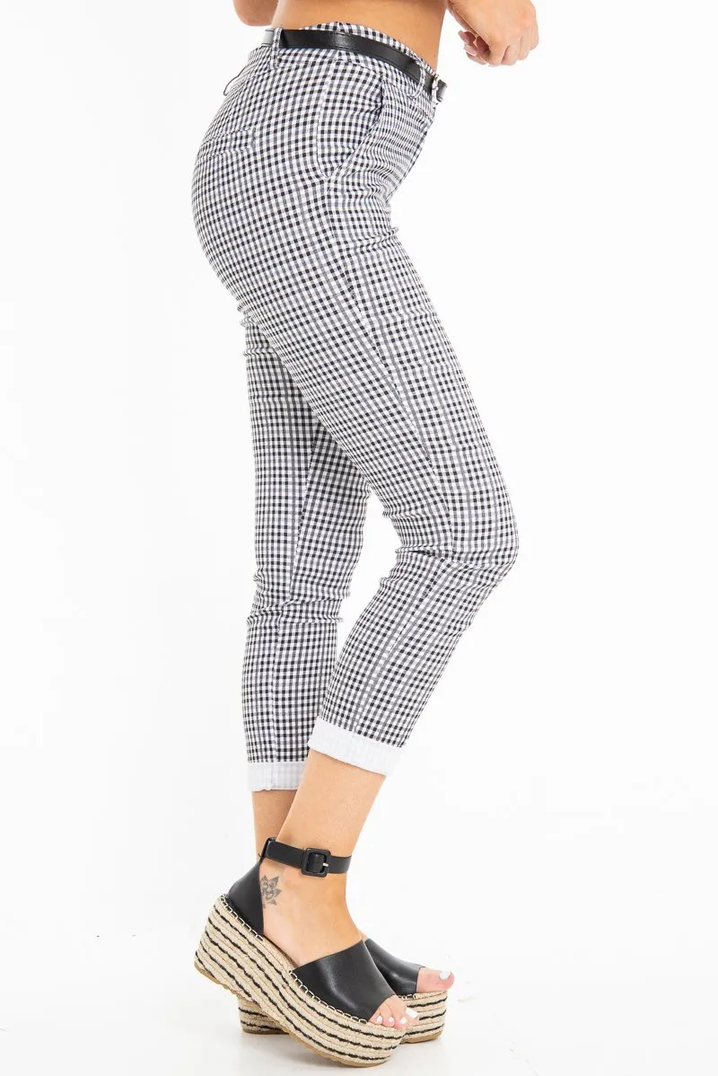 Black and White Check Belted Tapered Trousers - Kierra