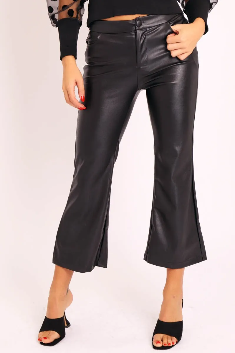 Black Faux Leather Flared Crop Trousers - Makai