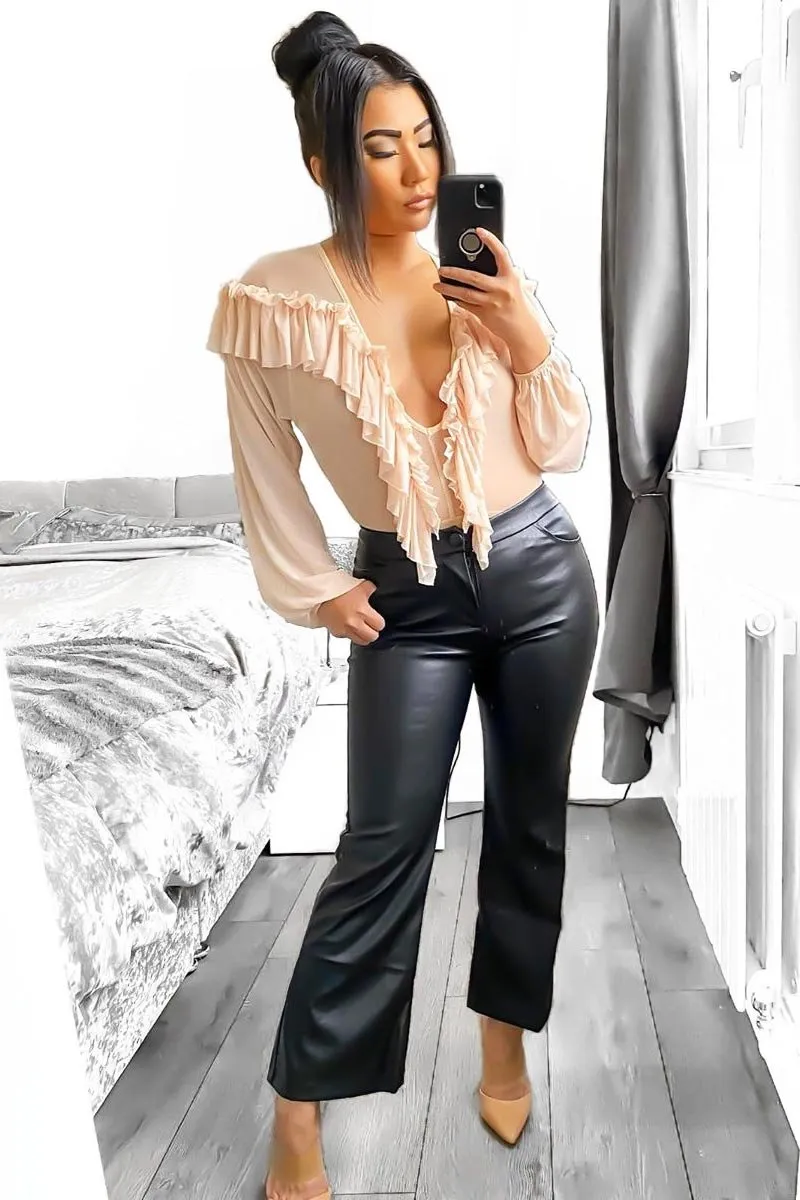 Black Faux Leather Flared Crop Trousers - Makai