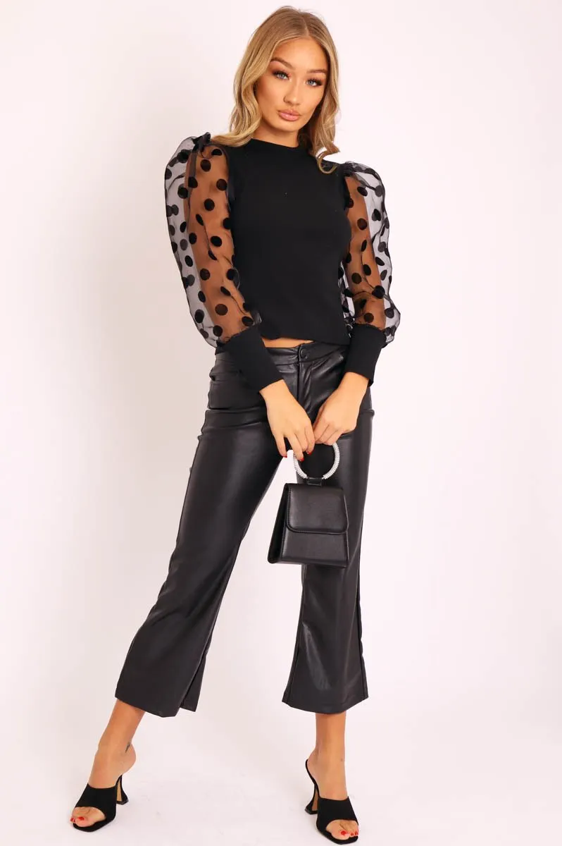 Black Faux Leather Flared Crop Trousers - Makai