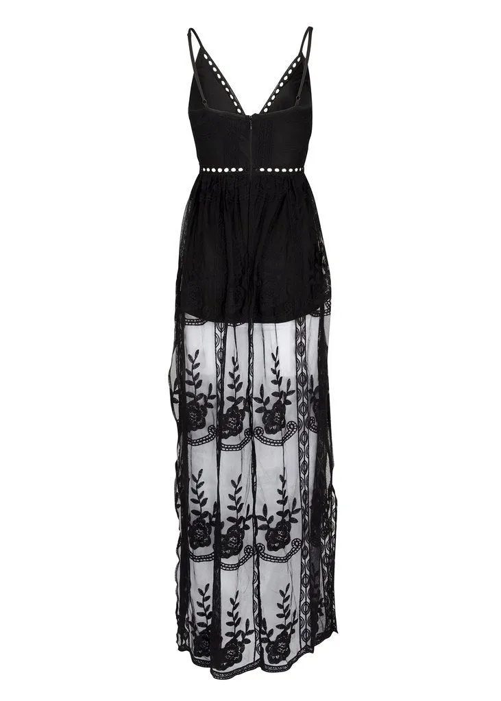 Black Magic Woman V-Neck Lace Maxi Dress