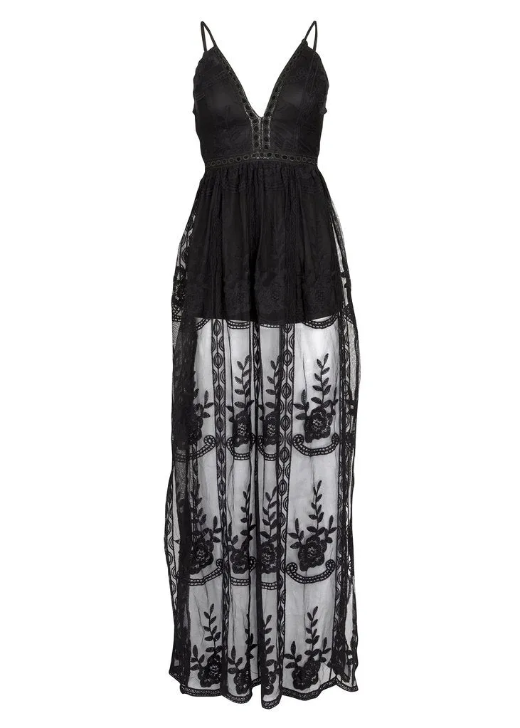 Black Magic Woman V-Neck Lace Maxi Dress