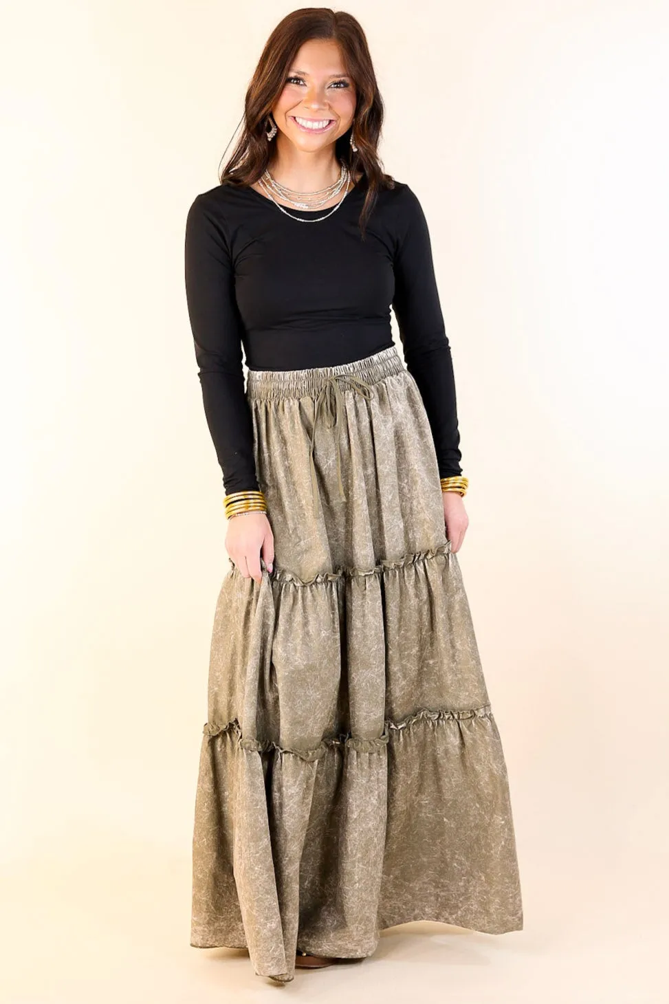 Boho Bliss Acid Wash Tiered Ruffle Maxi Skirt in Olive Green