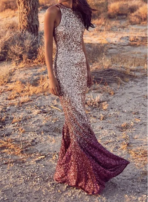 Burgundy and Rose Gold Sequin Maxi Dress