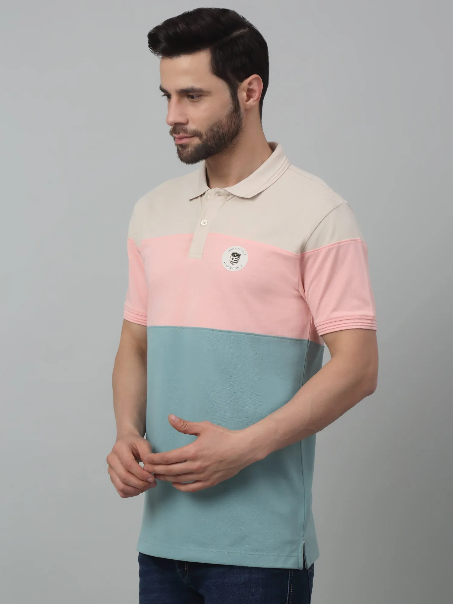 Cantabil Aqua Color-Block Polo Neck Half Sleeve T-shirt For Men