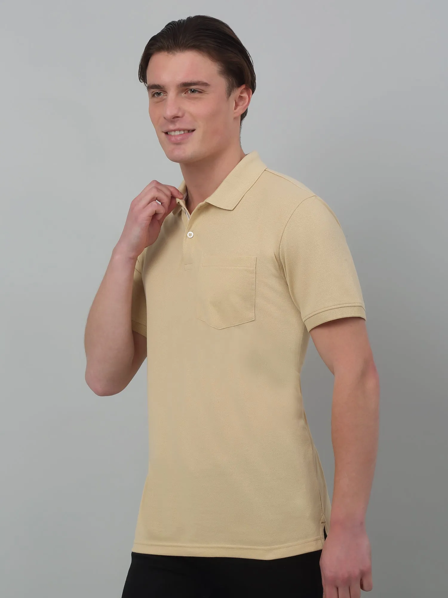 Cantabil Beige Solid Polo Neck Half Sleeve T-shirt For Men