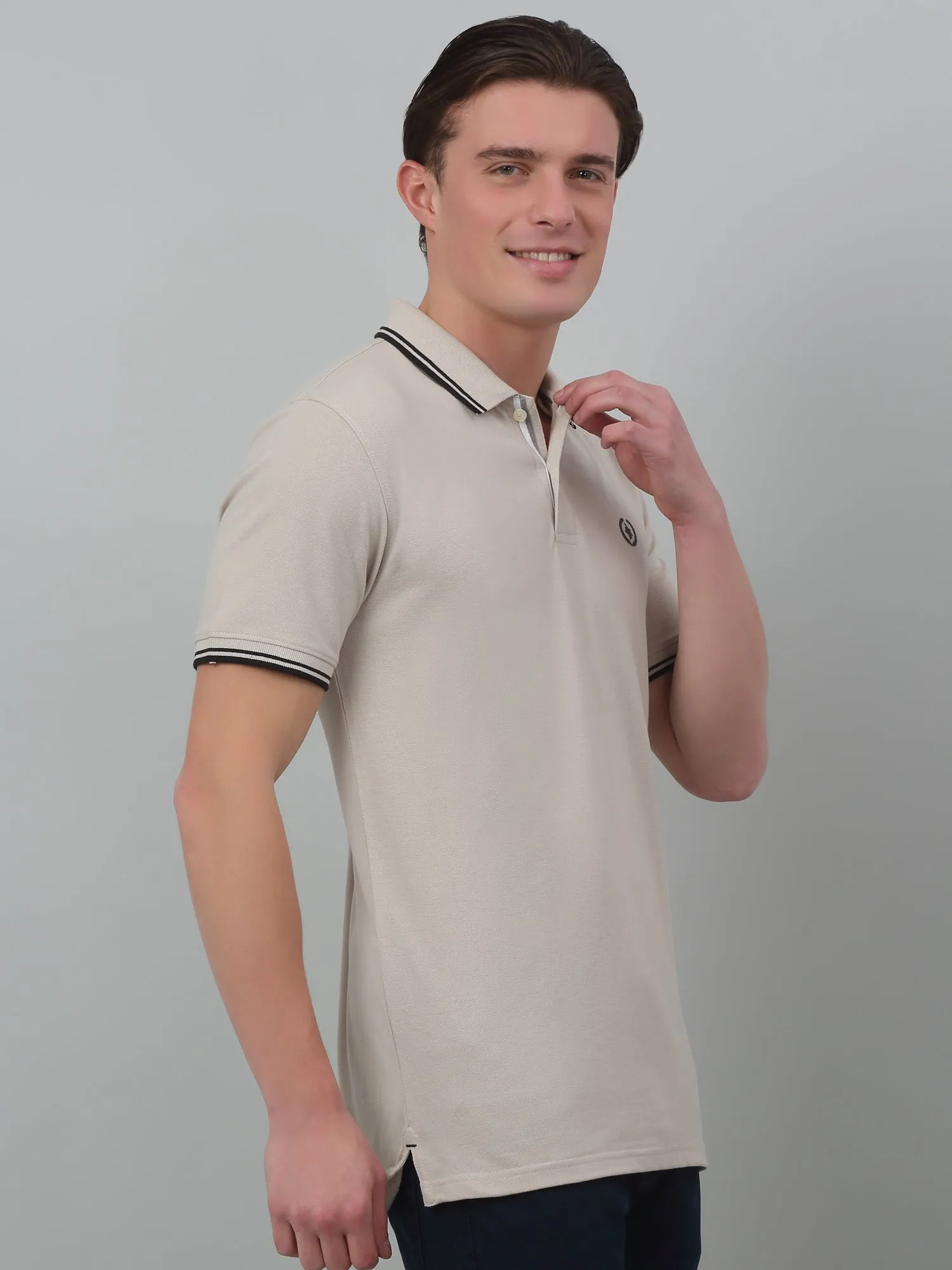 Cantabil Beige Solid Polo Neck Half Sleeve T-shirt For Men