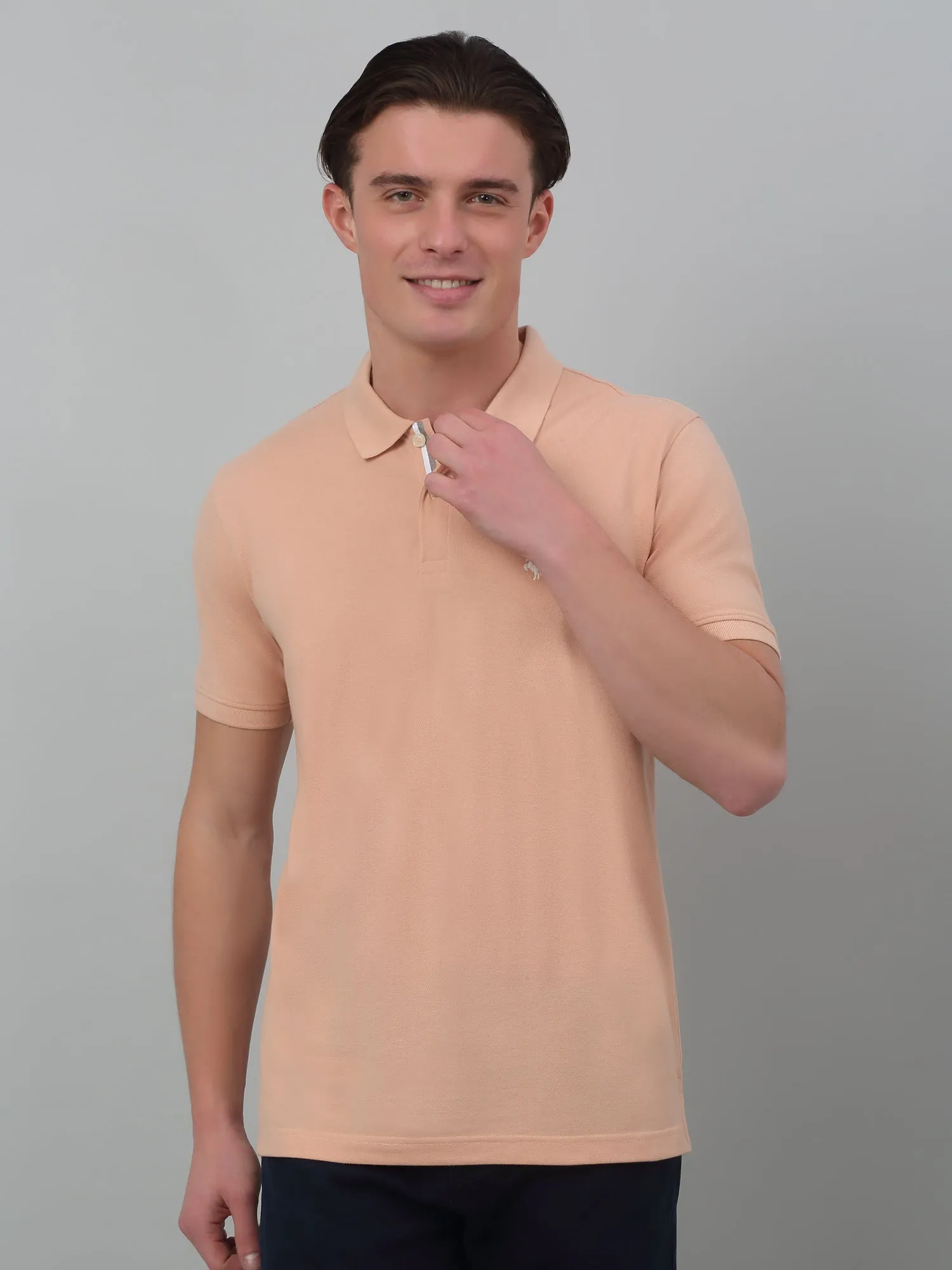 Cantabil Beige Solid Polo Neck Half Sleeve T-shirt For Men