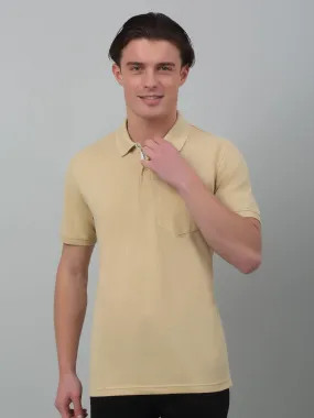 Cantabil Beige Solid Polo Neck Half Sleeve T-shirt For Men