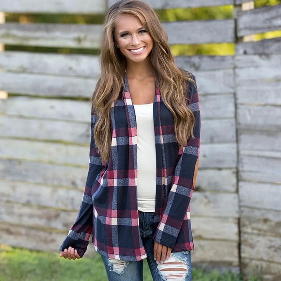 Casual plaid print kimono cardigan top with open front and elbow patch