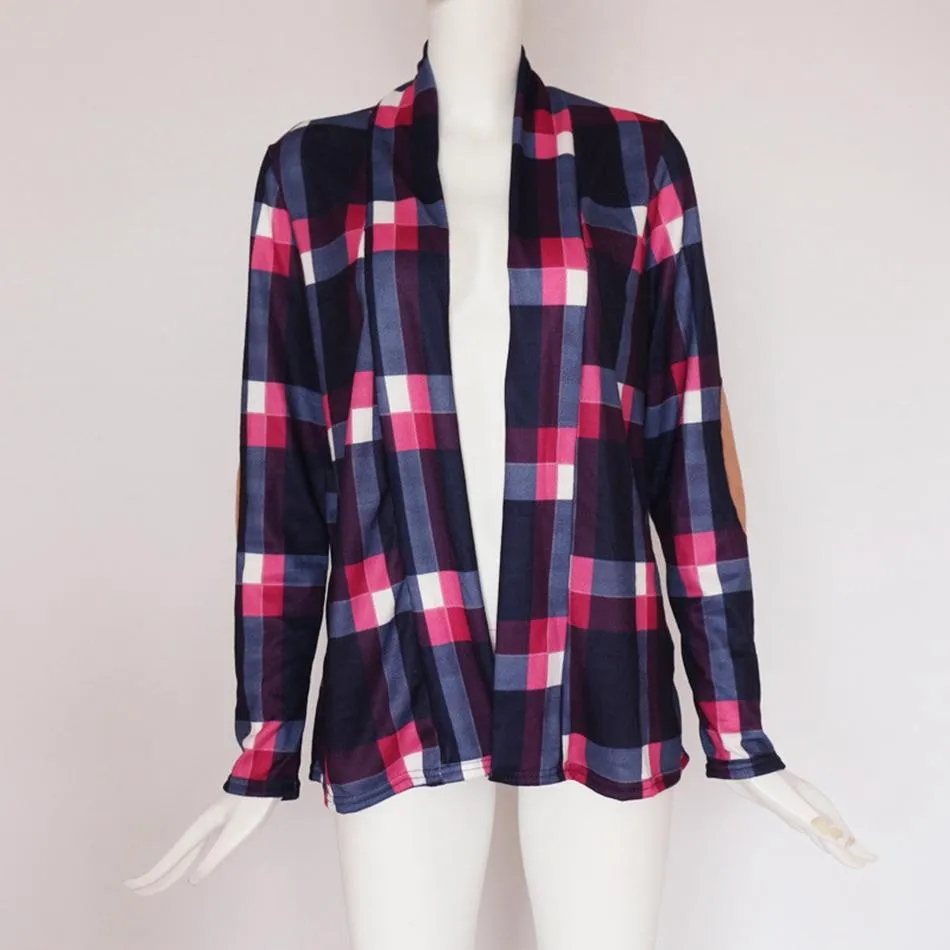 Casual plaid print kimono cardigan top with open front and elbow patch