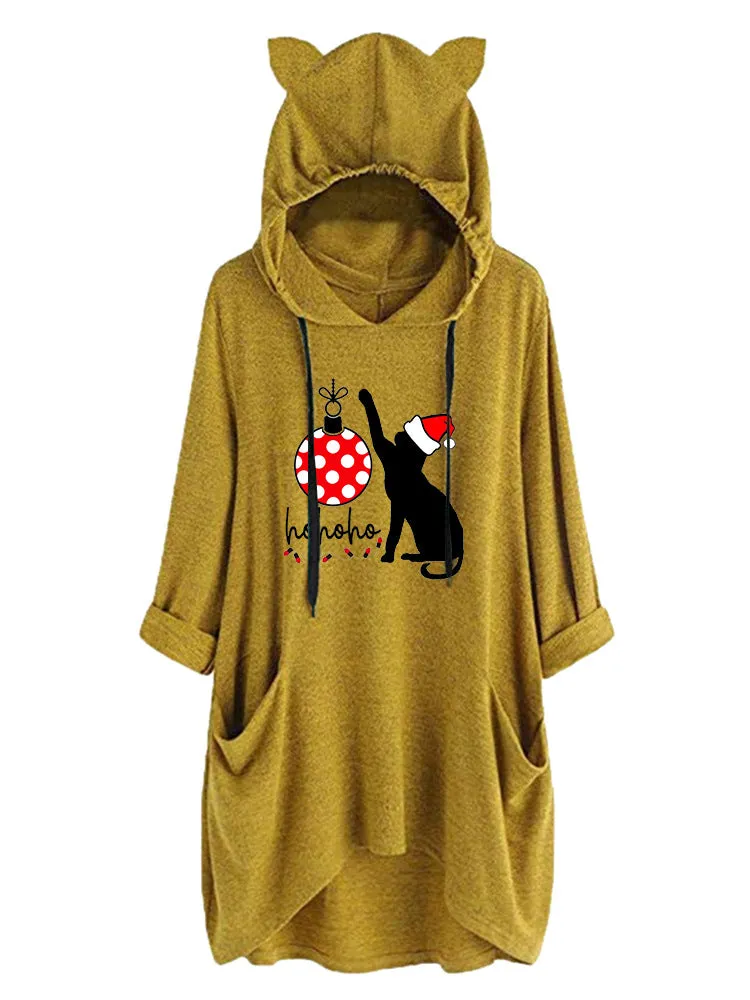 Cchristmas Matching Family Pyjamas Christmas Cat Cute Cat Ear Pocket Long Hoodie