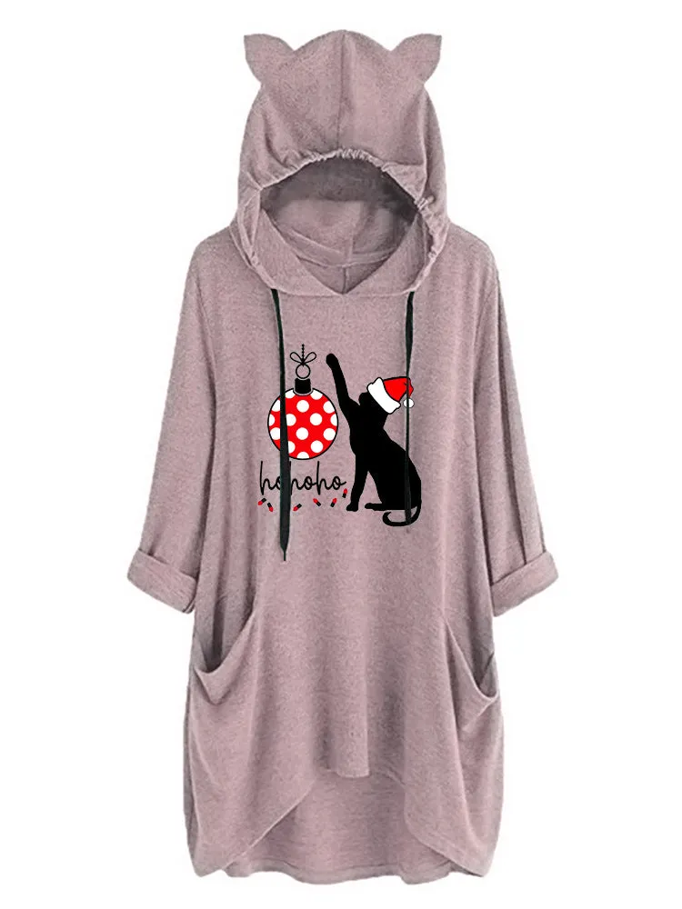 Cchristmas Matching Family Pyjamas Christmas Cat Cute Cat Ear Pocket Long Hoodie