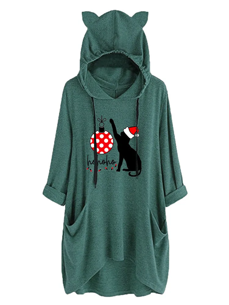 Cchristmas Matching Family Pyjamas Christmas Cat Cute Cat Ear Pocket Long Hoodie