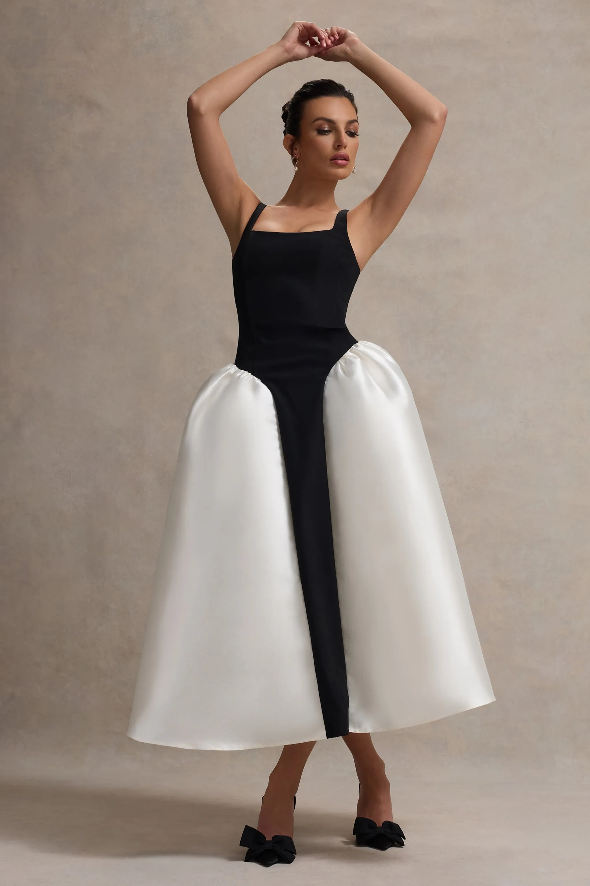 Christie | Black and Cream Scoop-Neck Midi Dress With Volume Skirt