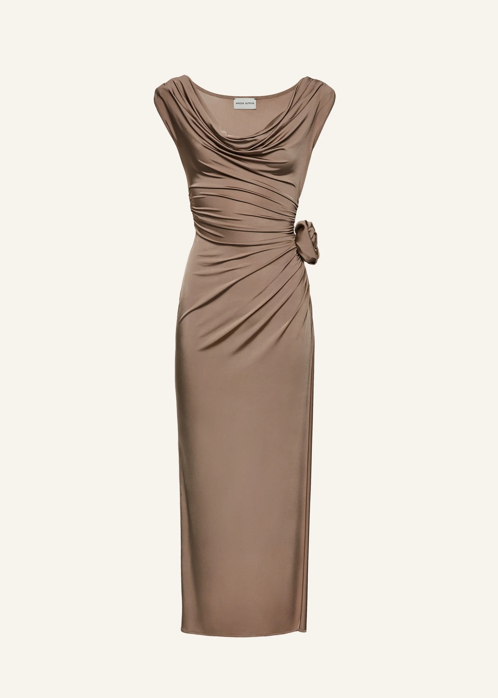 Cowl neck jersey midi dress in beige