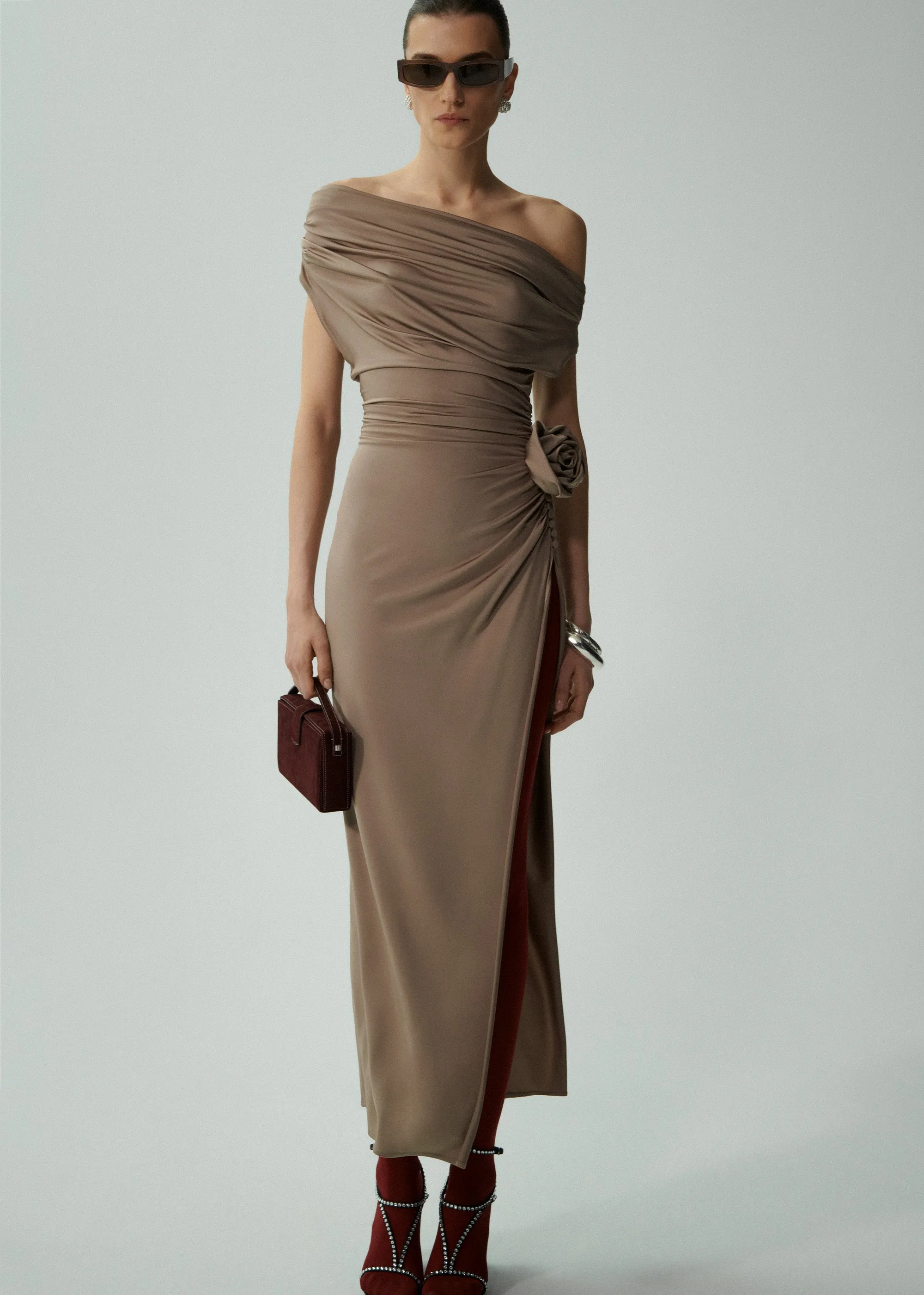 Cowl neck jersey midi dress in beige