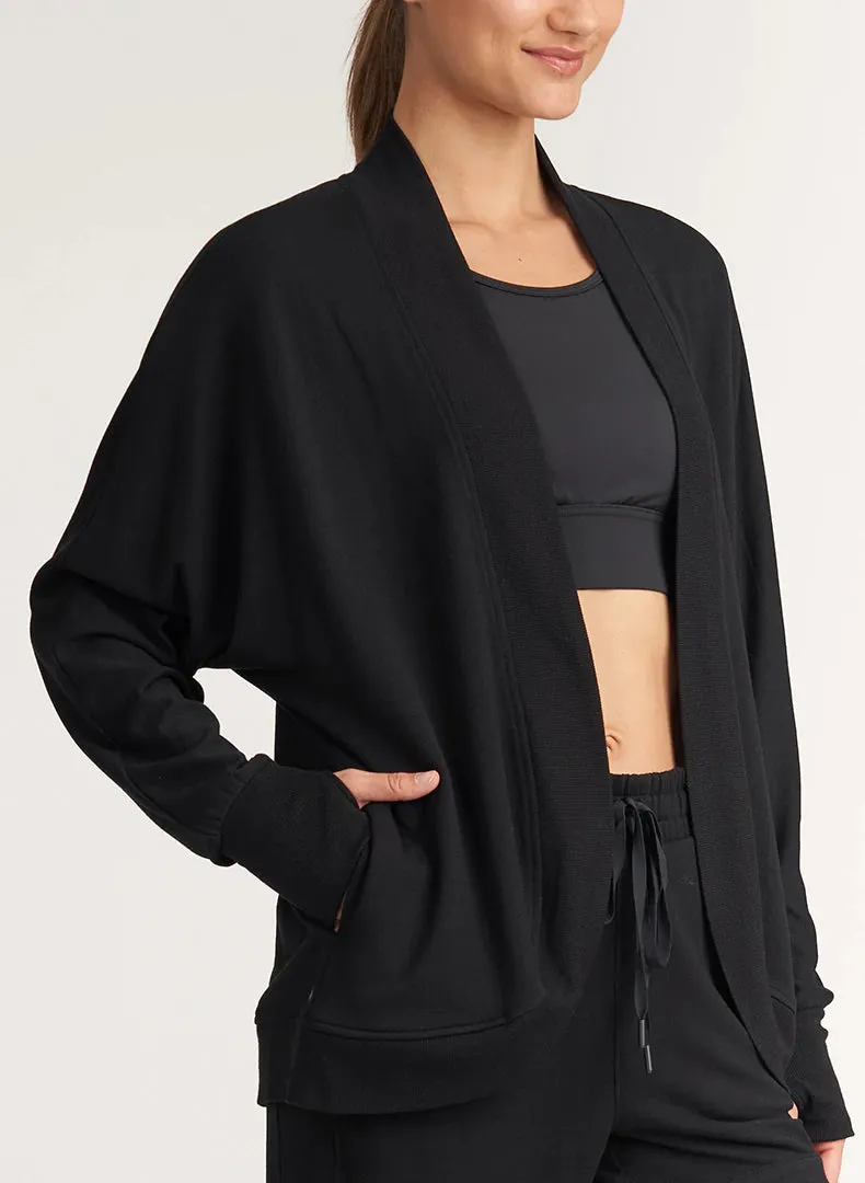 Cozy Rib Trim Cardigan W/ Pockets Black