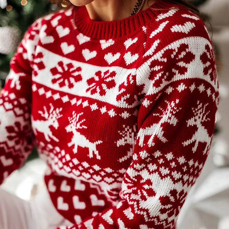 Cozy Ribbed Round Neck Long Sleeve Christmas Pullover Sweater - Red